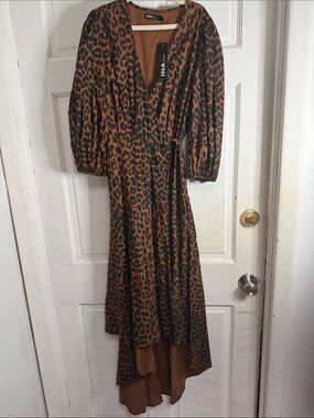 NWT INA Brown Leopard Print Wrap Midi Dress- size small